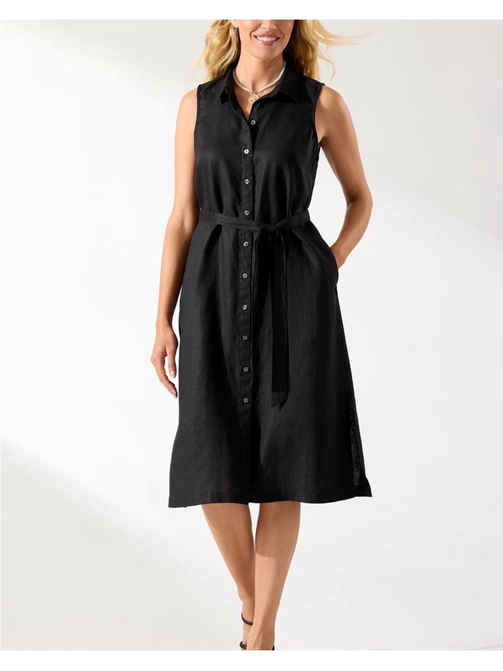 Tommy Bahama two palms Black linen Sleeveless Button-Front Tie-Waist Shirt Dress